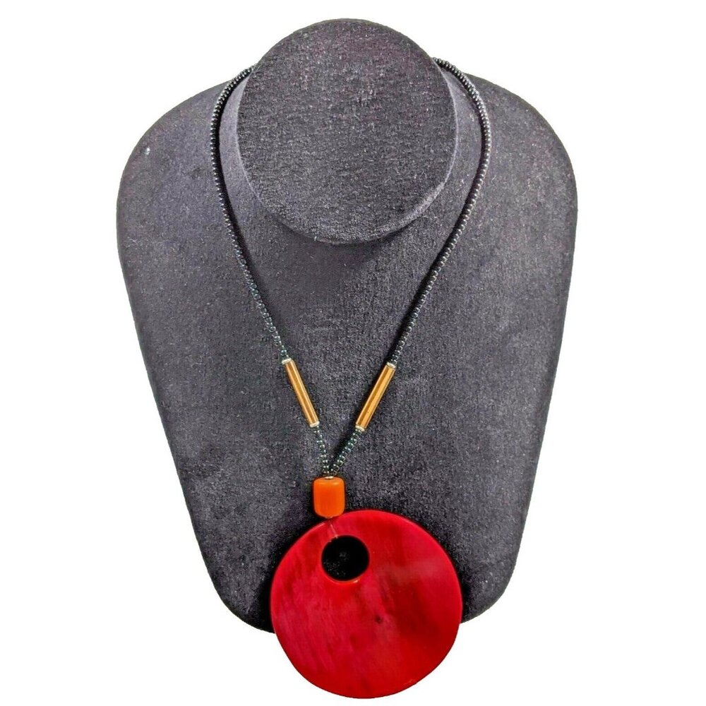 Vintage Handcrafted 17inch Beaded Necklace with 3 inch Round Red Pendant